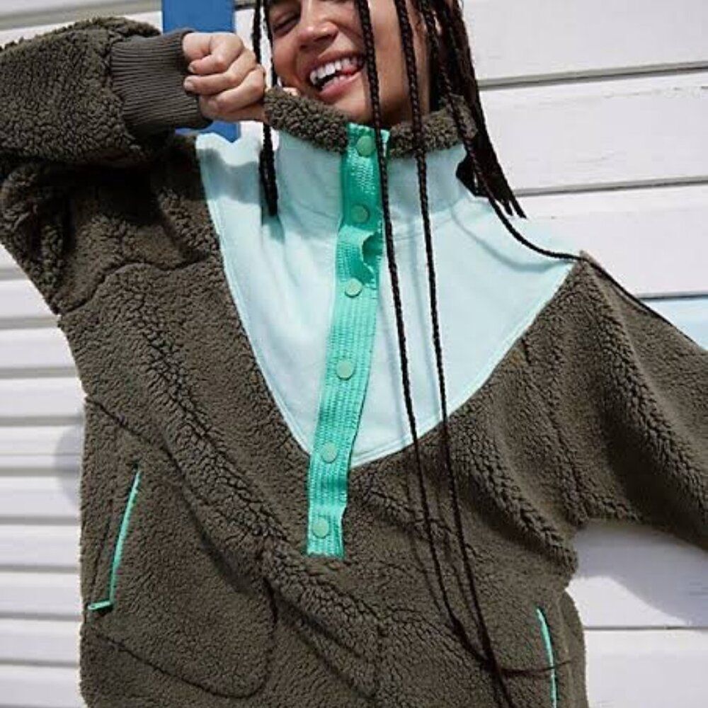 FREE PEOPLE Fall To Rise Fleece‎ Quarter Snap Forest Combo Pullover Size XS NWT
